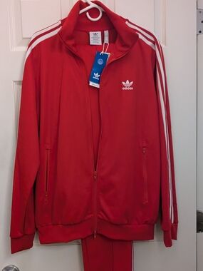 🔥Adidas Red Track Jacket Set with White Stripes and Trefoil Logo 2pc Set